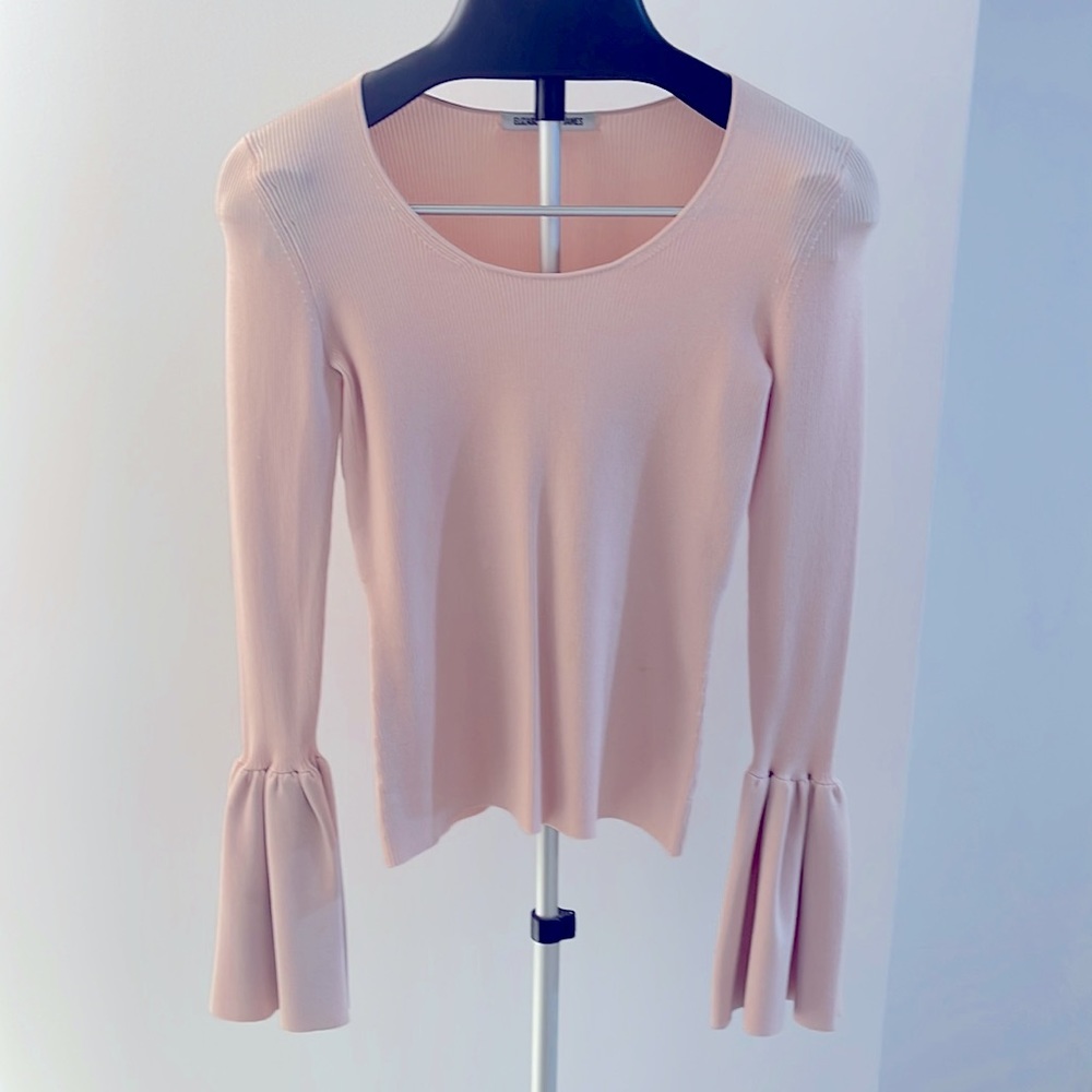 Elizabeth and  James pink ribbed sweater with bell sleeve
